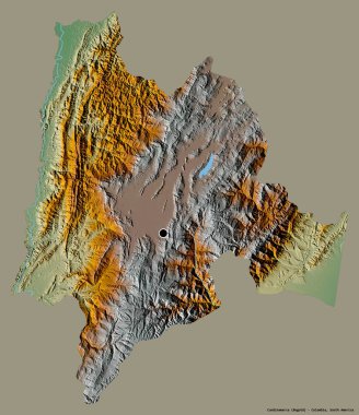 Kolombiya departmanı Cundinamarca 'nın şekli, başkenti koyu renk arka planda izole edilmiş. Topografik yardım haritası. 3B görüntüleme