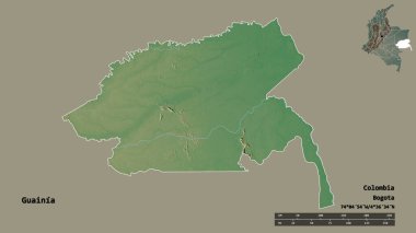 Kolombiya komisyoncusu Guainia 'nın şekli, başkenti sağlam arka planda izole edilmiş. Uzaklık ölçeği, bölge önizlemesi ve etiketleri. Topografik yardım haritası. 3B görüntüleme