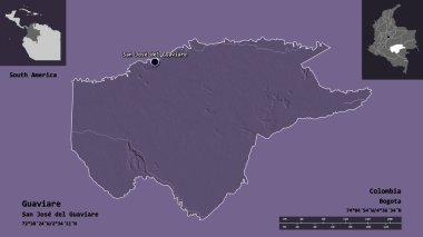 Guaviare 'in şekli, Kolombiya komiseri ve başkenti. Uzaklık ölçeği, ön gösterimler ve etiketler. Renkli yükseklik haritası. 3B görüntüleme