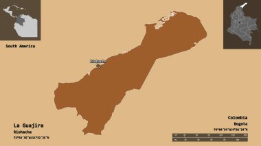 La Guajira 'nın şekli, Kolombiya Bölümü ve başkenti. Uzaklık ölçeği, ön gösterimler ve etiketler. Desenli dokuların bileşimi. 3B görüntüleme