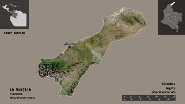 La Guajira 'nın şekli, Kolombiya Bölümü ve başkenti. Uzaklık ölçeği, ön gösterimler ve etiketler. Uydu görüntüleri. 3B görüntüleme