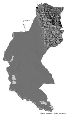 Magdalena 'nın şekli, Kolombiya Bölümü, başkenti beyaz arka planda izole edilmiş. Çift seviyeli yükseklik haritası. 3B görüntüleme