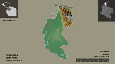 Magdalena 'nın şekli, Kolombiya Bölümü ve başkenti. Uzaklık ölçeği, ön gösterimler ve etiketler. Topografik yardım haritası. 3B görüntüleme