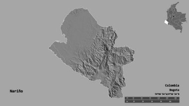 Narino 'nun şekli, Kolombiya Departmanı, sermayesi sağlam arka planda izole edilmiş. Uzaklık ölçeği, bölge önizlemesi ve etiketleri. Çift seviyeli yükseklik haritası. 3B görüntüleme