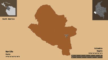 Narino 'nun şekli, Kolombiya Departmanı ve başkenti. Uzaklık ölçeği, ön gösterimler ve etiketler. Desenli dokuların bileşimi. 3B görüntüleme