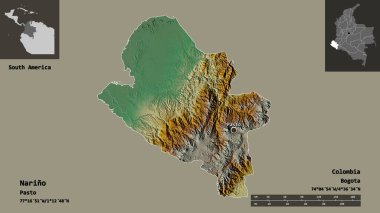 Narino 'nun şekli, Kolombiya Departmanı ve başkenti. Uzaklık ölçeği, ön gösterimler ve etiketler. Topografik yardım haritası. 3B görüntüleme
