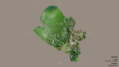 Narino bölgesi, Kolombiya departmanı, sağlam bir arka planda izole edilmiş bir sınır kutusunda. Etiketler. Uydu görüntüleri. 3B görüntüleme