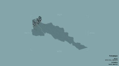 Putumayo bölgesi, Kolombiya 'nın yoğunluğu, katı bir arka planda izole edilmiş bir sınır kutusunda. Etiketler. Renkli yükseklik haritası. 3B görüntüleme