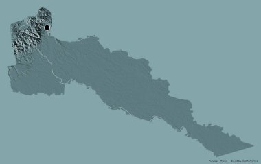 Putumayo 'nun şekli, Kolombiya' nın yoğunluğu, başkenti koyu renk arka planda izole edilmiş. Renkli yükseklik haritası. 3B görüntüleme