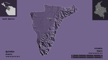 Quindio Shape, Kolombiya Departmanı ve başkenti. Uzaklık ölçeği, ön gösterimler ve etiketler. Renkli yükseklik haritası. 3B görüntüleme