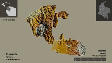 Risaralda Şekli, Kolombiya Departmanı ve başkenti. Uzaklık ölçeği, ön gösterimler ve etiketler. Topografik yardım haritası. 3B görüntüleme