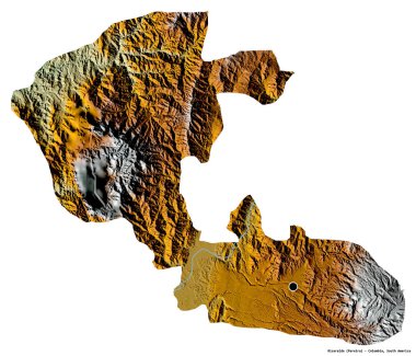 Risaralda 'nın şekli, Kolombiya Bölümü, başkenti beyaz arka planda izole edilmiş. Topografik yardım haritası. 3B görüntüleme