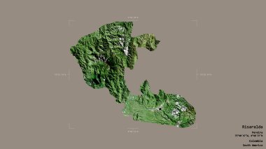 Risaralda bölgesi, Kolombiya departmanı, sağlam bir arka planda izole edilmiş bir sınır kutusunda. Etiketler. Uydu görüntüleri. 3B görüntüleme