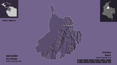 Santander Şekli, Kolombiya Departmanı ve başkenti. Uzaklık ölçeği, ön gösterimler ve etiketler. Renkli yükseklik haritası. 3B görüntüleme