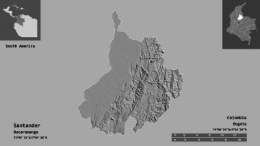 Santander Şekli, Kolombiya Departmanı ve başkenti. Uzaklık ölçeği, ön gösterimler ve etiketler. Çift seviyeli yükseklik haritası. 3B görüntüleme