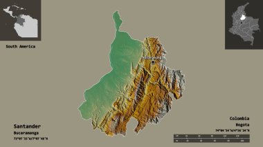 Santander Şekli, Kolombiya Departmanı ve başkenti. Uzaklık ölçeği, ön gösterimler ve etiketler. Topografik yardım haritası. 3B görüntüleme