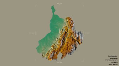 Santander Bölgesi, Kolombiya Bölgesi, sağlam bir arka planda izole edilmiş bir sınır kutusunda. Etiketler. Topografik yardım haritası. 3B görüntüleme