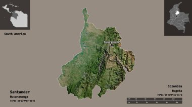 Santander Şekli, Kolombiya Departmanı ve başkenti. Uzaklık ölçeği, ön gösterimler ve etiketler. Uydu görüntüleri. 3B görüntüleme