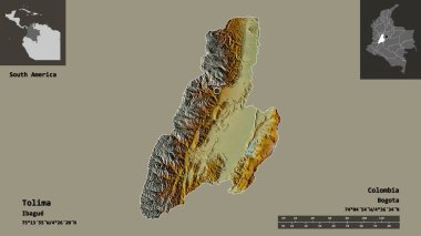 Tolima 'nın şekli, Kolombiya Bölümü ve başkenti. Uzaklık ölçeği, ön gösterimler ve etiketler. Topografik yardım haritası. 3B görüntüleme