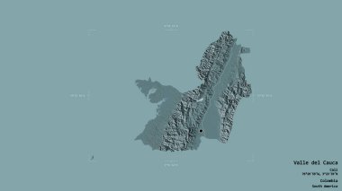 Valle del Cauca bölgesi, Kolombiya departmanı, sağlam bir arka planda izole edilmiş bir sınır kutusunda. Etiketler. Renkli yükseklik haritası. 3B görüntüleme