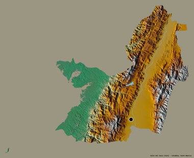 Kolombiya Bölümü Valle del Cauca 'nın şekli. Başkenti koyu renk arka planda izole edilmiş. Topografik yardım haritası. 3B görüntüleme