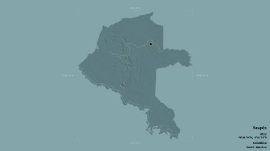 Vaupes bölgesi, Kolombiya komiseri, sağlam bir arka planda izole edilmiş bir sınır kutusunda. Etiketler. Renkli yükseklik haritası. 3B görüntüleme