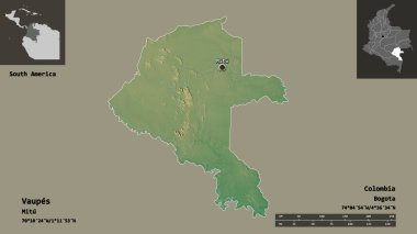 Vaupes 'un şekli, Kolombiya komisyonu ve başkenti. Uzaklık ölçeği, ön gösterimler ve etiketler. Topografik yardım haritası. 3B görüntüleme