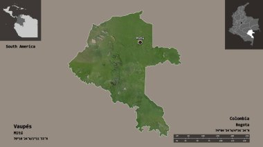 Vaupes 'un şekli, Kolombiya komisyonu ve başkenti. Uzaklık ölçeği, ön gösterimler ve etiketler. Uydu görüntüleri. 3B görüntüleme