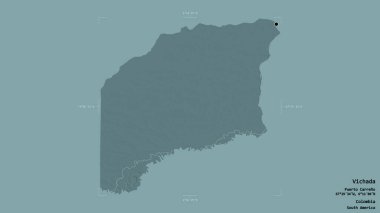 Kolombiya komisyon üyesi Vichada bölgesi, katı bir arka planda izole edilmiş bir sınır kutusunda. Etiketler. Renkli yükseklik haritası. 3B görüntüleme