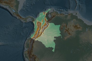 Kolombiya 'nın şekli, komşu bölgelerin dedoygunluğuyla ayrılır. Topografik yardım haritası. 3B görüntüleme