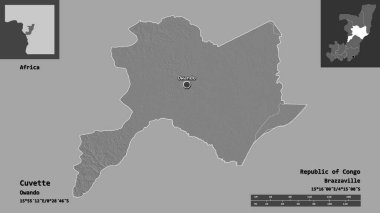 Cuvette 'in şekli, Kongo Cumhuriyeti bölgesi ve başkenti. Uzaklık ölçeği, ön gösterimler ve etiketler. Çift seviyeli yükseklik haritası. 3B görüntüleme