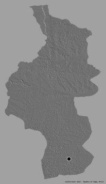 Cuvette-Ouest 'in şekli, Kongo Cumhuriyeti bölgesi, başkenti katı bir renk arkaplanı ile izole edilmiştir. Çift seviyeli yükseklik haritası. 3B görüntüleme