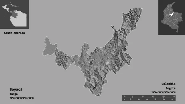 ボヤカの形 コロンビアの部門 その首都 距離スケール プレビューおよびラベル 標高マップ 3Dレンダリング — ストック写真