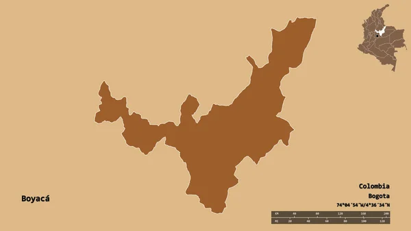 コロンビアの省ボヤカの形は その首都はしっかりとした背景に隔離されています 距離スケール リージョンプレビュー およびラベル パターン化されたテクスチャの構成 3Dレンダリング — ストック写真