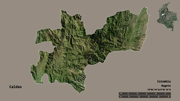 コロンビアのカルダス県の形で その首都はしっかりとした背景に孤立しています 距離スケール リージョンプレビュー およびラベル 衛星画像 3Dレンダリング — ストック写真