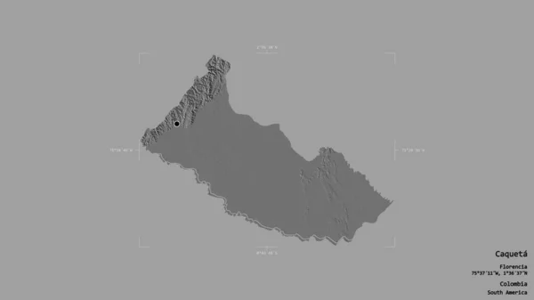 コロンビアの強烈さであるカケタの地域は 洗練された境界の箱の中の強固な背景に隔離されています ラベル 標高マップ 3Dレンダリング — ストック写真