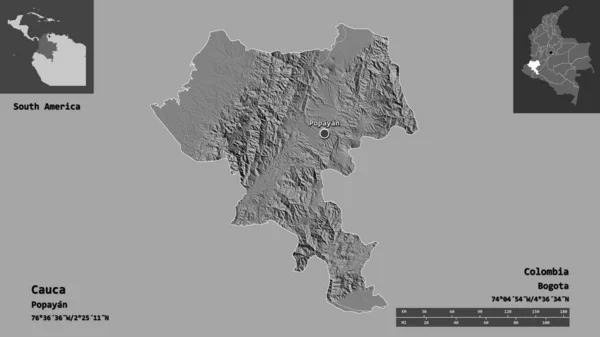 哥伦比亚省考卡省的形状及其首都 距离刻度 预览和标签 Bilevel高程图 3D渲染 — 图库照片