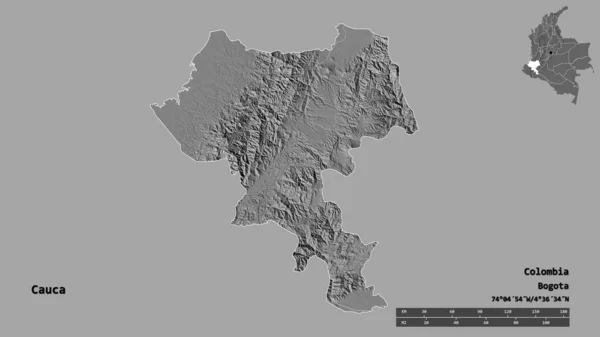 哥伦比亚考卡省的形状 其首都在坚实的背景下与世隔绝 距离尺度 区域预览和标签 Bilevel高程图 3D渲染 — 图库照片