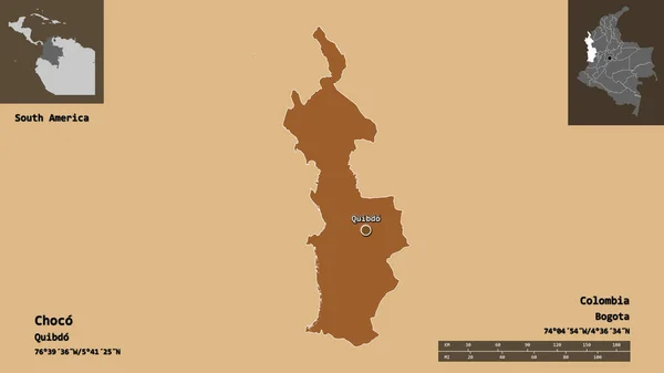チョコの形 コロンビアの部門 その首都 距離スケール プレビューおよびラベル パターン化されたテクスチャの構成 3Dレンダリング — ストック写真