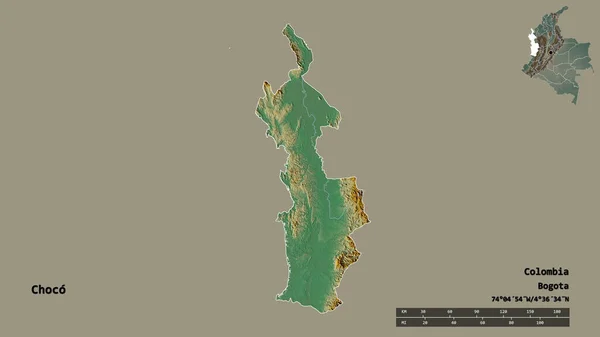 コロンビアのチョコ県の形で その首都はしっかりとした背景に隔離されています 距離スケール リージョンプレビュー およびラベル 地形図 3Dレンダリング — ストック写真