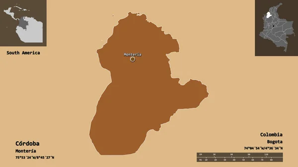 Form Cordoba Departementet Colombia Och Dess Huvudstad Avståndsskala Förhandsvisningar Och — Stockfoto