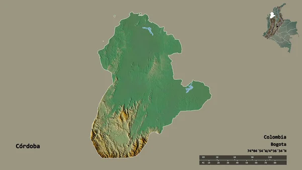 哥伦比亚科多巴省的形状 其首都在坚实的背景下与世隔绝 距离尺度 区域预览和标签 地形浮雕图 3D渲染 — 图库照片