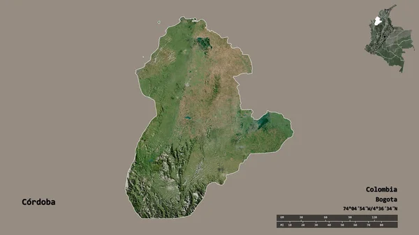哥伦比亚科多巴省的形状 其首都在坚实的背景下与世隔绝 距离尺度 区域预览和标签 卫星图像 3D渲染 — 图库照片