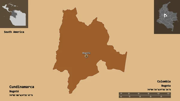 コロンビアのカニンダマラ県とその首都の形 距離スケール プレビューおよびラベル パターン化されたテクスチャの構成 3Dレンダリング — ストック写真