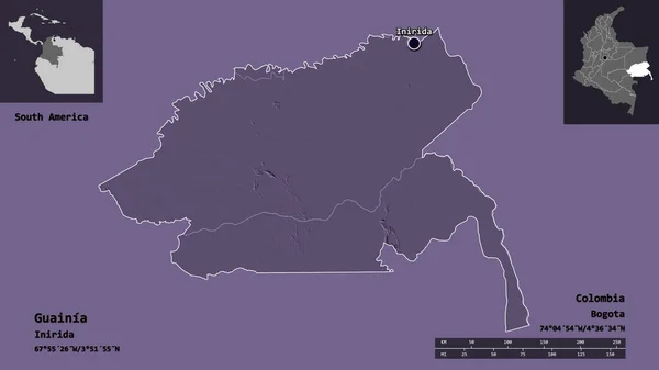グアイニアの形 コロンビアの委員会とその首都 距離スケール プレビューおよびラベル 色の標高マップ 3Dレンダリング — ストック写真