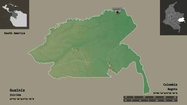 グアイニアの形 コロンビアの委員会とその首都 距離スケール プレビューおよびラベル 地形図 3Dレンダリング — ストック写真