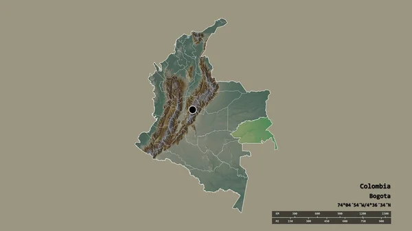 主要な地域部門と分離されたグアニア地域とコロンビアの荒廃した形 ラベル 地形図 3Dレンダリング — ストック写真