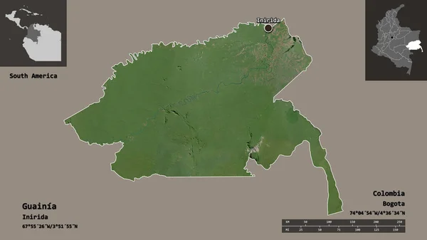 瓜伊尼亚的形状 哥伦比亚的共济会及其首都 距离刻度 预览和标签 卫星图像 3D渲染 — 图库照片