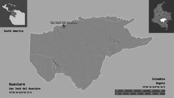 Guaviares Form Colombias Kommisarie Och Huvudstad Avståndsskala Förhandsvisningar Och Etiketter — Stockfoto