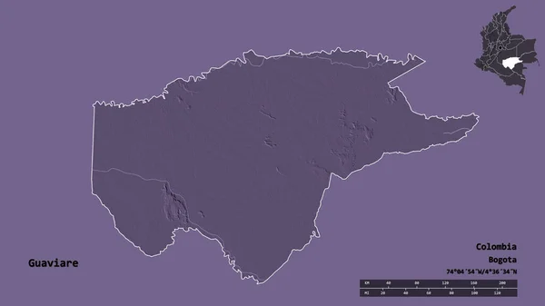 Guaviares Form Colombias Kommisarie Med Huvudstaden Isolerad Solid Bakgrund Avståndsskala — Stockfoto